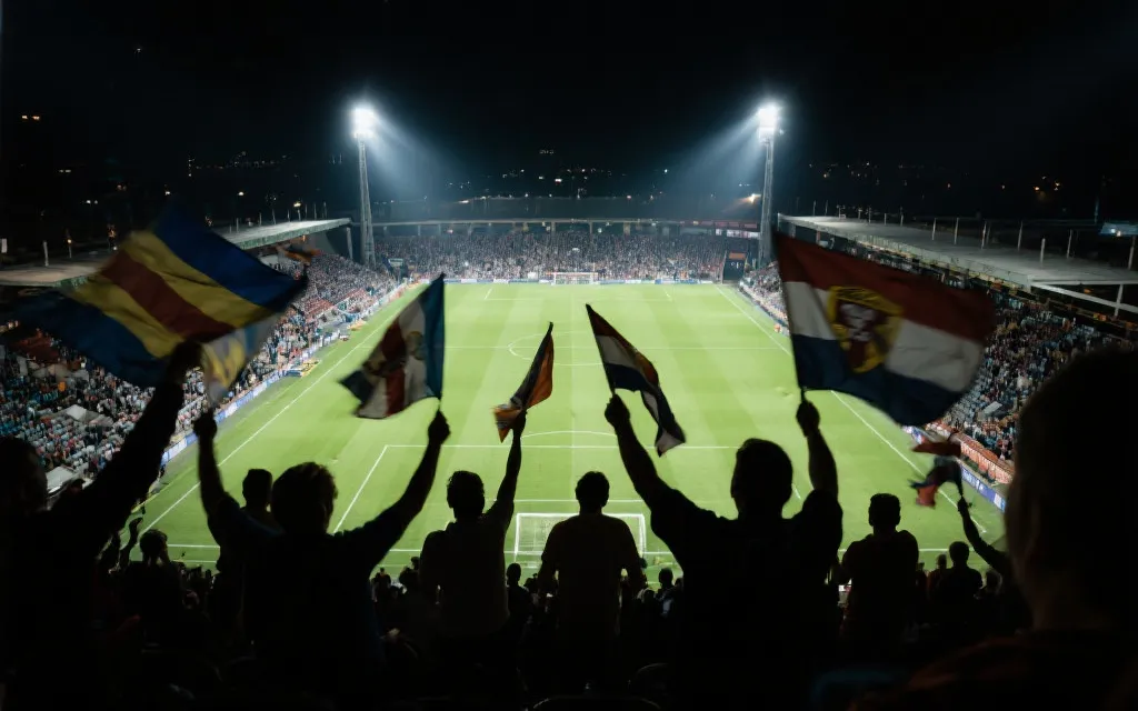 从看台俯瞰球场的视角对比，前景是观众背影与旗帜，夜场灯光氛围